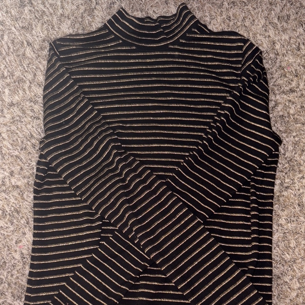 Charter Club Black and Gold Striped Turtleneck Top